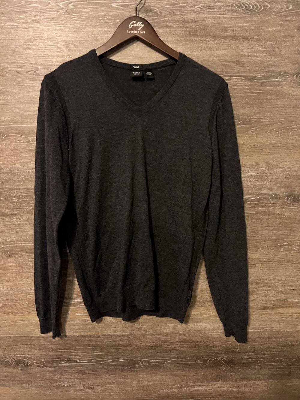 Hugo Boss 100% Extra Fine Merino Wool Sweater Mens Gray Slim Fit V-Neck Small
